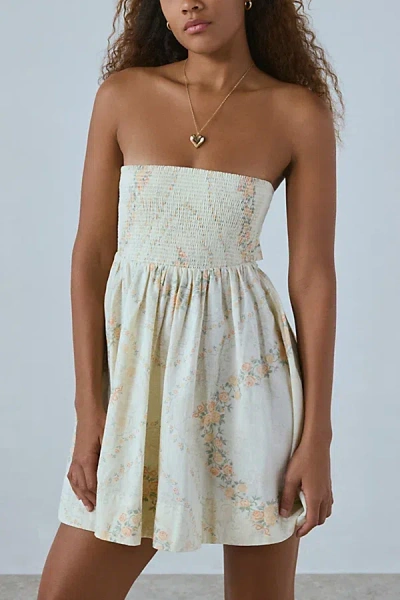 Bdg Juliana Smocked Strapless Mini Dress In Beige/rose, Women's At Urban Outfitters