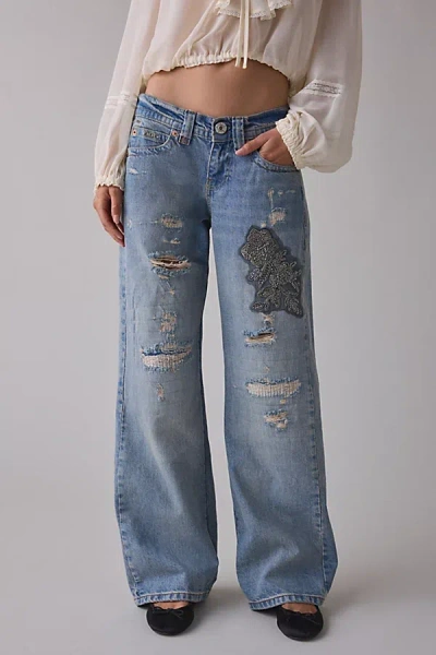 Bdg Kayla Rip + Repair Embellished Low-rise Jean In Tinted Denim, Women's At Urban Outfitters In Blue