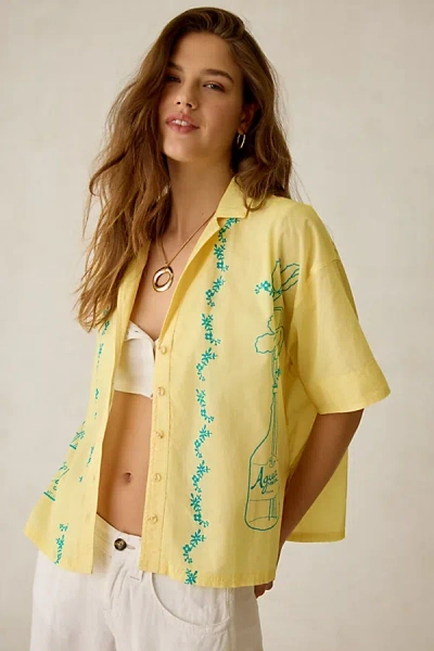 Bdg Keepsake Souvenir Graphic Short Sleeve Button-up Shirt Top In Light Yellow, Women's At Urban Outfitt