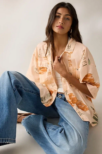 Bdg Keepsake Souvenir Graphic Short Sleeve Button-up Shirt Top In Pink Combo, Women's At Urban Outfitter