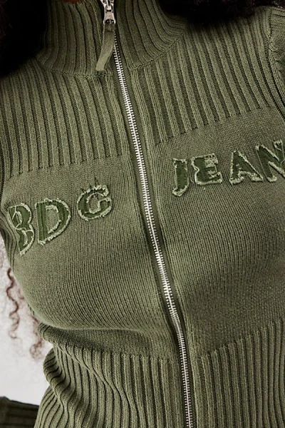 Bdg Khaki Zip-through Distressed Knit Track Top In Green At Urban Outfitters