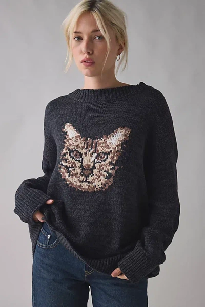 Bdg Kurt Cat Graphic Distressed Sweater In Black, Women's At Urban Outfitters