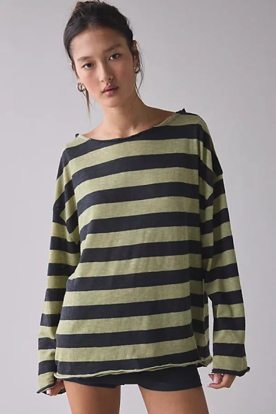 Bdg Kurt Off-the-shoulder Long Sleeve Tee In Green Stripe, Women's At Urban Outfitters