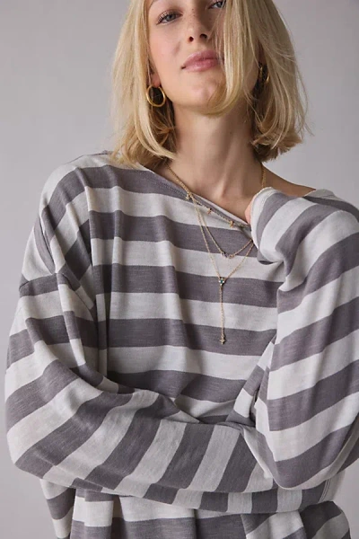 Bdg Kurt Off-the-shoulder Long Sleeve Tee In Grey Stripe, Women's At Urban Outfitters In Gray