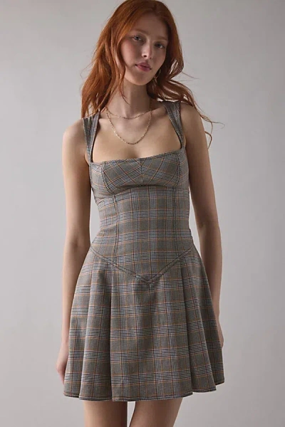 Bdg Leah Pleated Open-back Drop Waist Mini Dress In Neutral Plaid, Women's At Urban Outfitters