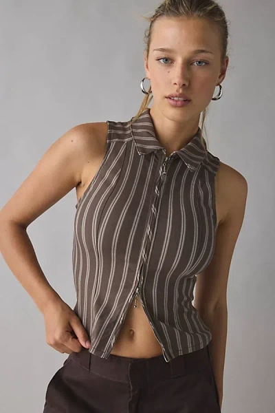 Bdg Ledia Collared Zip-front Vest Top Jacket In Brown Stripe, Women's At Urban Outfitters