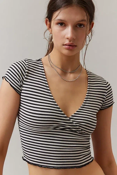 Bdg Madi Ribbed Surplice Short Sleeve Tee In Black, Women's At Urban Outfitters