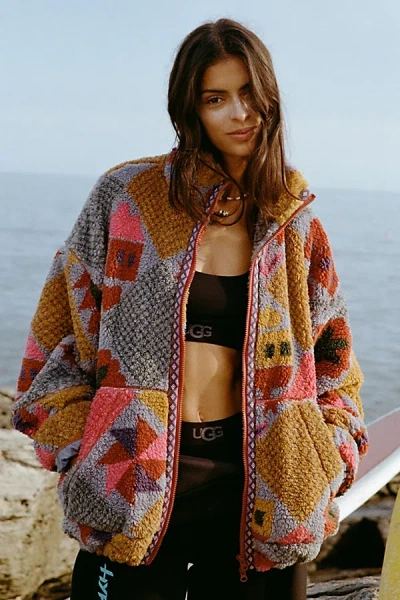 Bdg Mae Printed Piled Fleece Zip-up Jacket In Blue, Women's At Urban Outfitters
