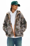 Bdg Mae Printed Piled Fleece Zip-up Jacket In Leaf Camo, Women's At Urban Outfitters In Green