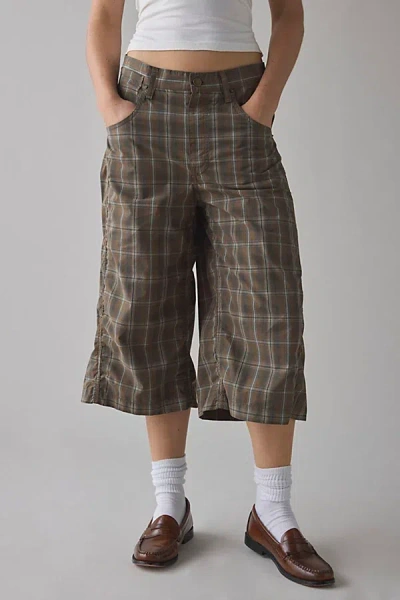 Bdg Mega Cotton Poplin Mid-rise Baggy Jort In Brown/blue Plaid, Women's At Urban Outfitters In Multi