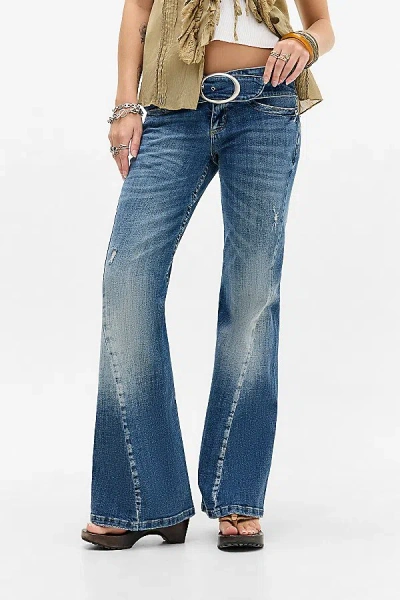 Bdg Miko Belted Twisted Seam Low-rise Flare Jean In Vintage Denim Medium, Women's At Urban Outfitters In Blue