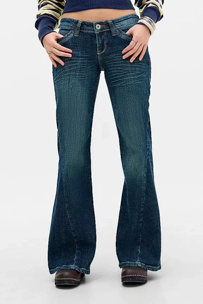 Bdg Miko Twisted Seam Low-rise Flare Jean In Vintage Denim Dark, Women's At Urban Outfitters In Blue