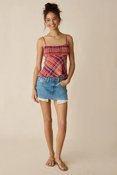 Bdg Molly Plaid Ruched Babydoll Cami In Red, Women's At Urban Outfitters In Blue
