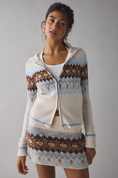 Bdg Monet Printed Knit Zip-up Hoodie Sweater In Ivory Combo, Women's At Urban Outfitters In Neutral
