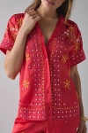 BDG NASH SATIN MIRROR SEQUIN SOUVENIR SHORT SLEEVE BUTTON-DOWN SHIRT IN RED, WOMEN'S AT URBAN OUTFITTERS