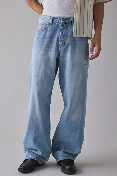 Bdg Nitro Floral Chainstitched Baggy Fit Jean In Vintage Denim Light, Men's At Urban Outfitters In Blue