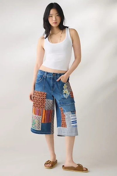 Bdg Nomad Patchwork Baggy Jort In Tinted Denim, Women's At Urban Outfitters In Blue