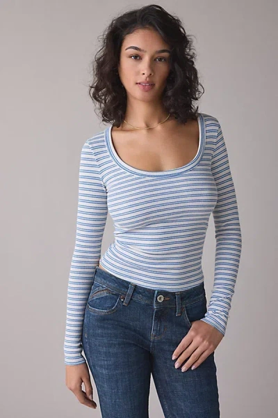 Bdg Off-duty Ribbed Scoop Neck Long Sleeve Tee In Blue, Women's At Urban Outfitters
