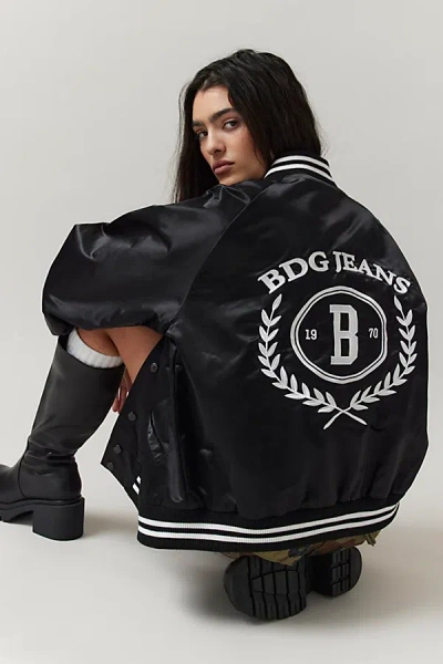 Bdg Pepper Satin Varsity Jacket In Black, Women's At Urban Outfitters