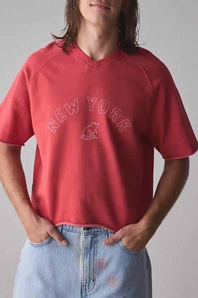 Bdg Perry Embroidered Cropped Raglan Short Sleeve Sweatshirt In Red, Men's At Urban Outfitters