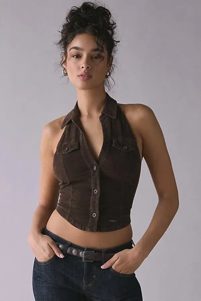 Bdg Polly Corduroy Slim Button-up Halter Top In Brown, Women's At Urban Outfitters