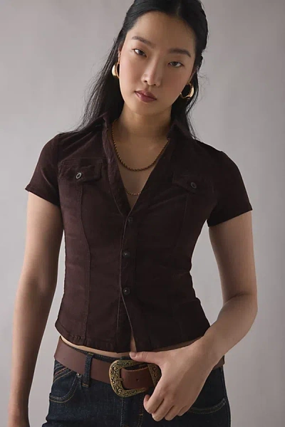 Bdg Polly Corduroy Slim Short Sleeve Button-up Shirt Top In Brown, Women's At Urban Outfitters
