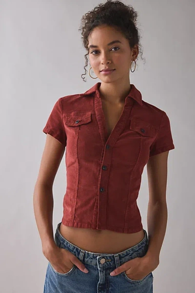 Bdg Polly Corduroy Slim Short Sleeve Button-up Shirt Top In Red, Women's At Urban Outfitters