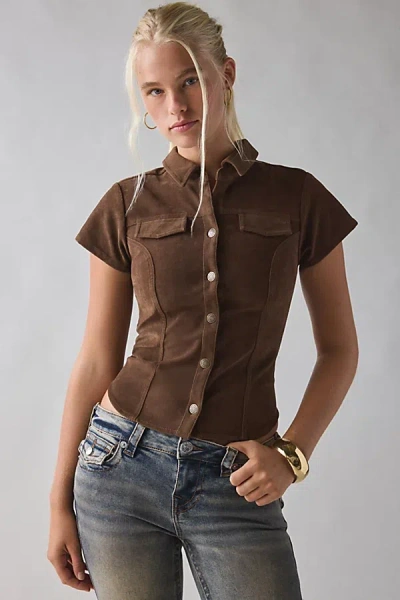 Bdg Polly Faux Suede Slim Short Sleeve Snap-button Shirt Top In Tan, Women's At Urban Outfitters In Brown