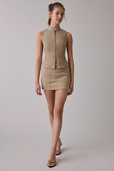 Bdg Polly Zip-front Slim Sleeveless Open-back Shirt Top In Brown, Women's At Urban Outfitters