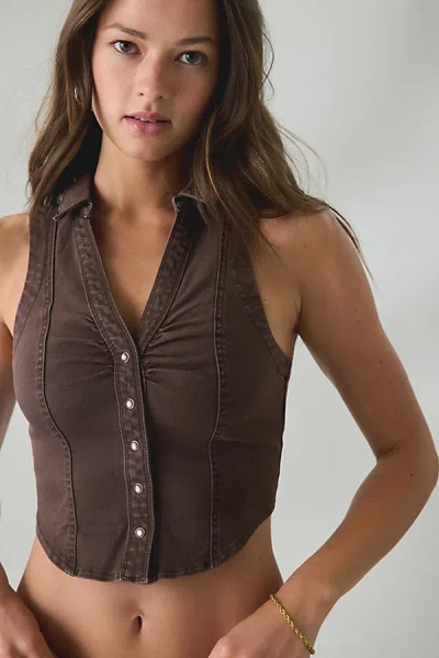 Bdg Rae Snap-front Cropped Denim Vest Top Jacket In Washed Brown, Women's At Urban Outfitters
