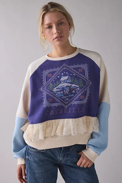 Bdg Raven Crafty Lace Trim Patchwork Graphic Pullover Top In Neutral, Women's At Urban Outfitters