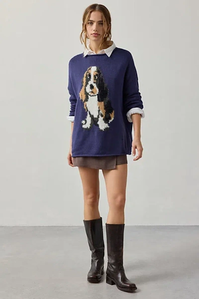 Bdg Reagan Dog Graphic Oversized Rollneck Sweater In Navy, Women's At Urban Outfitters In Blue