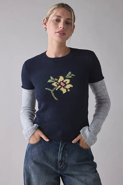 Bdg Riley Graphic Long Sleeve Layered Sweater In Navy, Women's At Urban Outfitters In Blue