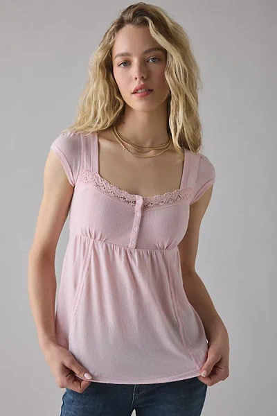 Bdg Sawyer Lace Trim Short Sleeve Babydoll Top In Pink, Women's At Urban Outfitters