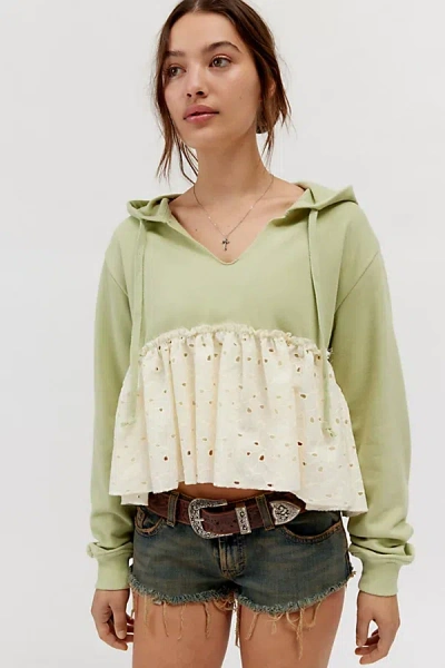 Bdg Shai Eyelet Pullover Hoodie Sweatshirt In Olive, Women's At Urban Outfitters