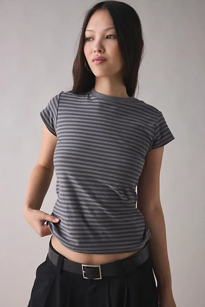 Bdg Short Sleeve Spill The Tee In Dark Grey Stripe, Women's At Urban Outfitters In Gray