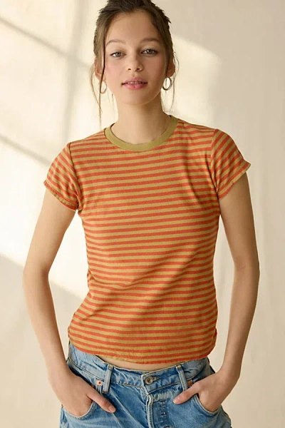 Bdg Short Sleeve Spill The Tee In Red Stripe, Women's At Urban Outfitters In Orange