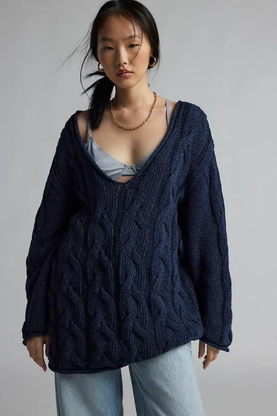 Bdg Skylar Oversized Cable Knit Sweater In Navy Blue, Women's At Urban Outfitters