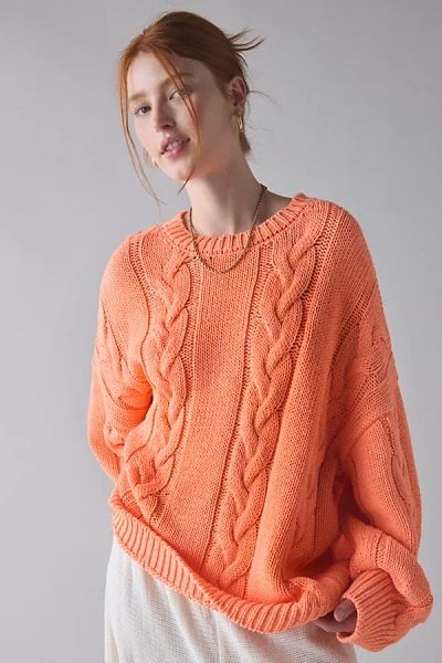 Bdg Skylar Oversized Crew Neck Cable Knit Sweater In Coral, Women's At Urban Outfitters In Orange
