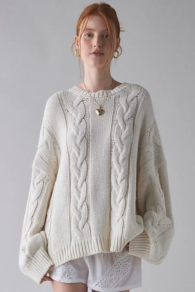 Bdg Skylar Oversized Crew Neck Cable Knit Sweater In Ivory, Women's At Urban Outfitters In White