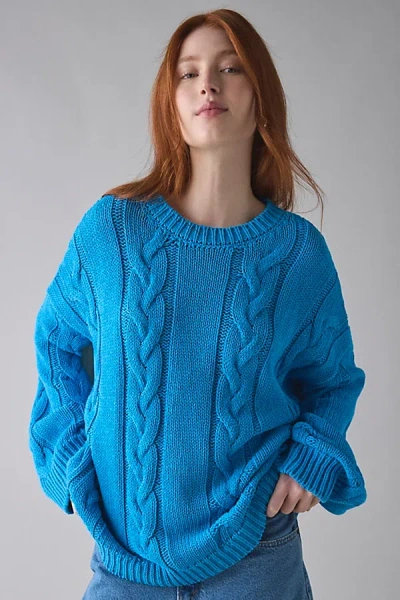 Bdg Skylar Oversized Crew Neck Cable Knit Sweater In Light Blue, Women's At Urban Outfitters