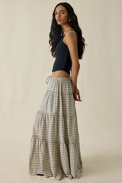 Bdg Sophie Plaid Tiered Cotton Maxi Skirt In Neutral, Women's At Urban Outfitters