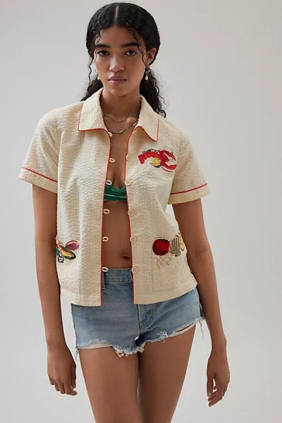 Bdg Souvenir Applique Seersucker Shirt Top In Lobster Embroidery, Women's At Urban Outfitters In Red