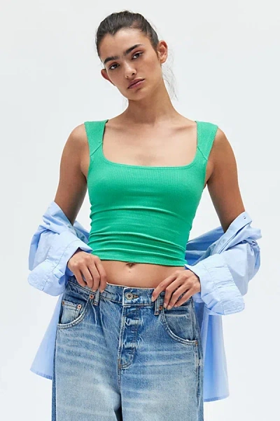BDG SQUARE NECK FITTED TANK TOP IN GREEN, WOMEN'S AT URBAN OUTFITTERS 