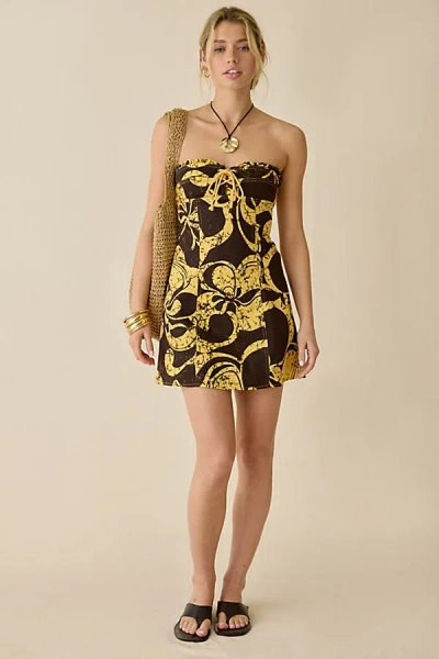 Bdg Surfs Up Lace-up Strapless Denim Mini Dress In Brown, Women's At Urban Outfitters In Black