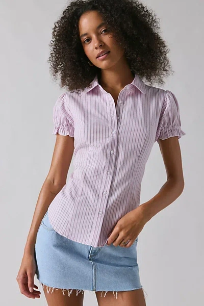 Bdg Sweetheart Puff Sleeve Slim Button-down Shirt In Pink, Women's At Urban Outfitters In Purple
