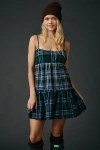 Bdg Throw It On Tie-strap Plaid Babydoll Mini Dress In Green, Women's At Urban Outfitters In Green