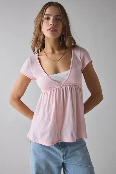 Bdg Tina Layered V-neckline Short Sleeve Babydoll Tee In Rose, Women's At Urban Outfitters