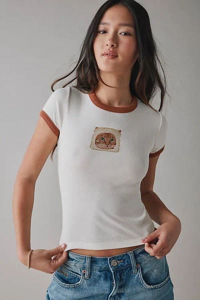Bdg Too Perfect Toast Cat Graphic Ringer Baby Tee In Cream, Women's At Urban Outfitters In White