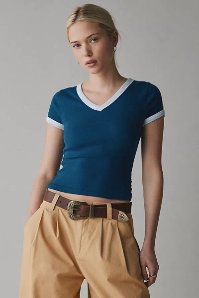 Bdg Too Perfect V Neck Tee In Dark Blue, Women's At Urban Outfitters